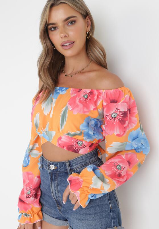 Pomarańczowa Wiązana Bluzka w Kwiaty z Długim Rękawem i Hiszpańskim Dekoltem Muai 1