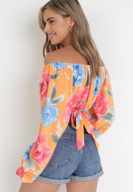 Pomarańczowa Wiązana Bluzka w Kwiaty z Długim Rękawem i Hiszpańskim Dekoltem Muai 3