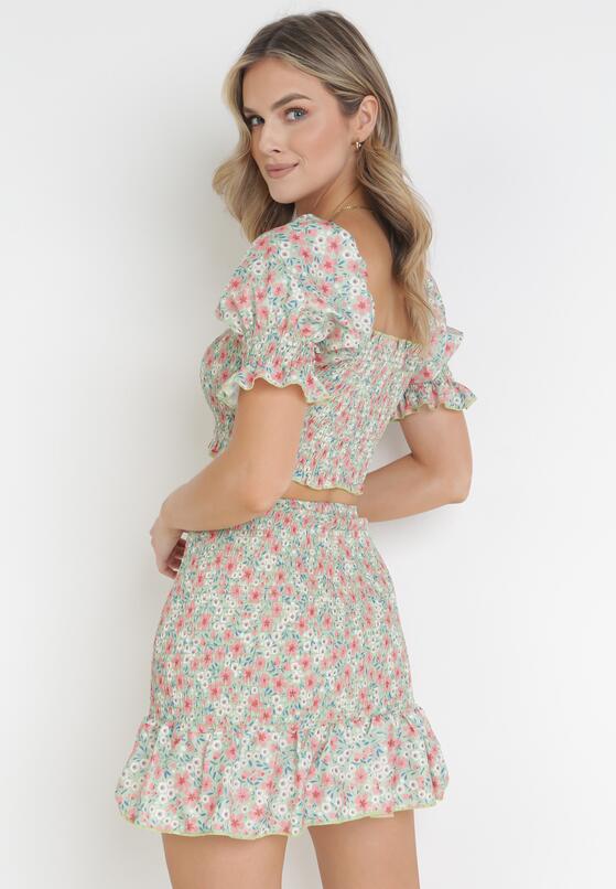 Jasnozielony 2- Częściowy Komplet w Kwiaty Top i Spódnica z Gumkami Violettes 3