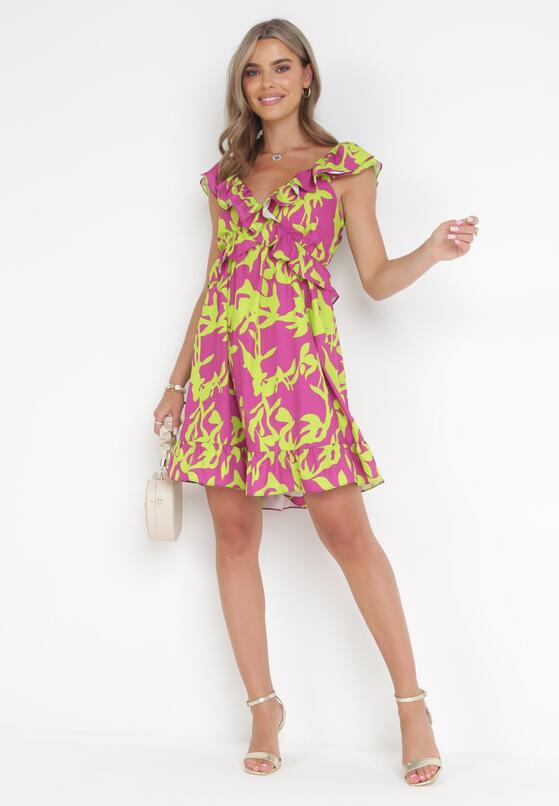 Fioletowa Sukienka Mini z Ozdobnym Dekoltem i Gumką w Pasie w Kwiaty Senodola 2