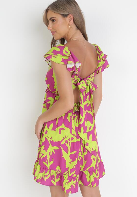 Fioletowa Sukienka Mini z Ozdobnym Dekoltem i Gumką w Pasie w Kwiaty Senodola 3