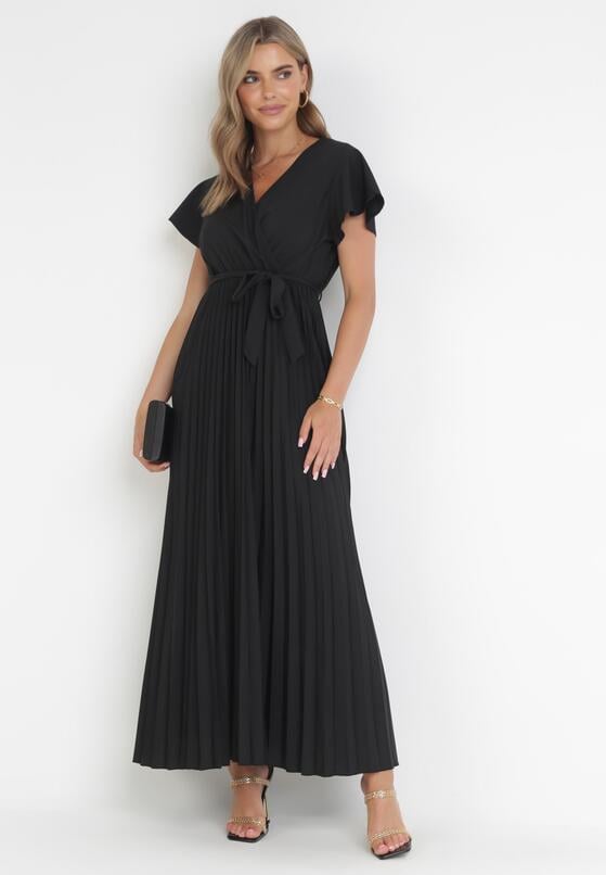 Czarna Elegancka Sukienka Maxi w Plisy z Kopertowym Dekoltem i Wiązaniem Thessi 2