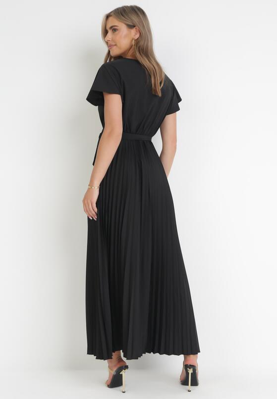 Czarna Elegancka Sukienka Maxi w Plisy z Kopertowym Dekoltem i Wiązaniem Thessi 3