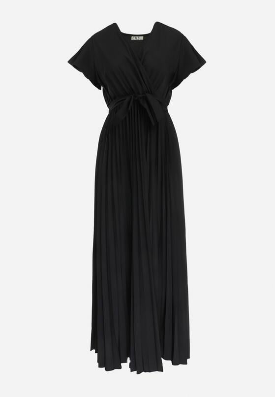 Czarna Elegancka Sukienka Maxi w Plisy z Kopertowym Dekoltem i Wiązaniem Thessi 6