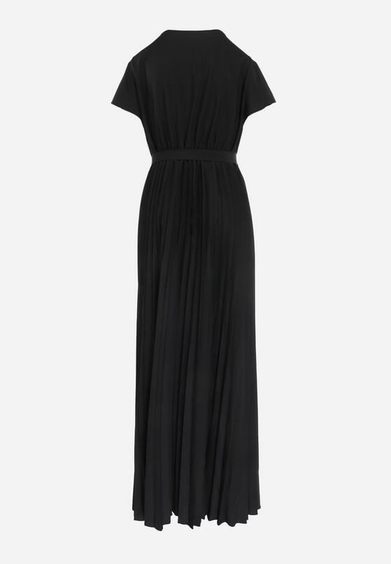 Czarna Elegancka Sukienka Maxi w Plisy z Kopertowym Dekoltem i Wiązaniem Thessi 7
