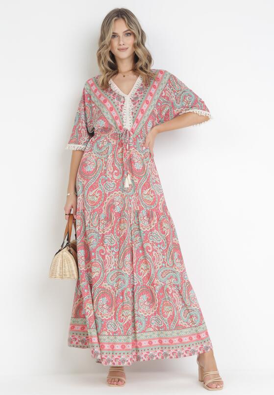 Ciemnoróżowa Rozkloszowana Sukienka Maxi z Wiskozy Ozdobiona Frędzlami Tetoni 2