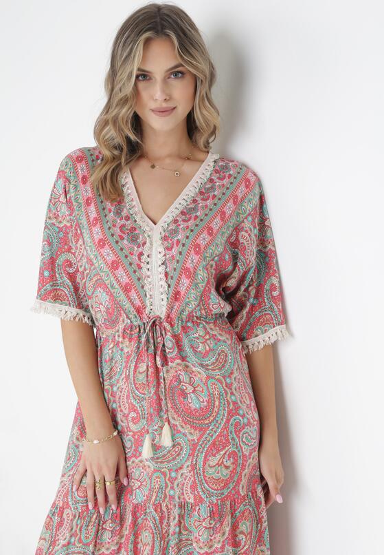 Ciemnoróżowa Rozkloszowana Sukienka Maxi z Wiskozy Ozdobiona Frędzlami Tetoni 4