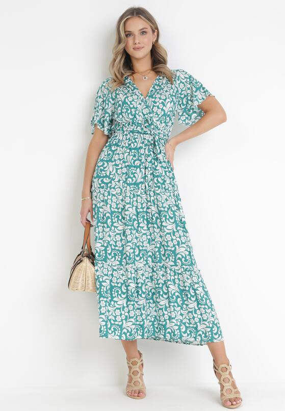 Zielona Wiskozowa Maxi Sukienka z Kopertowym Dekoltem i Materiałowym Paskiem Britilla 2