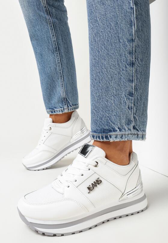 Białe Sneakersy na Grubej Podeszwie z Metaliczną Wstawką i Brokatem Lev 1