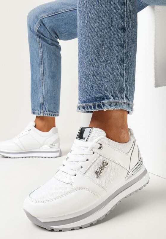 Białe Sneakersy na Grubej Podeszwie z Metaliczną Wstawką i Brokatem Lev 2