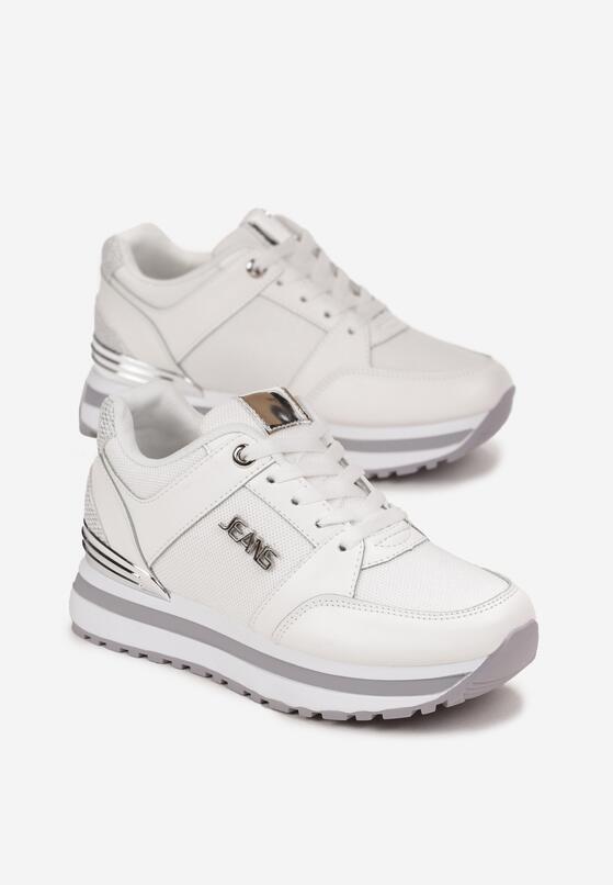 Białe Sneakersy na Grubej Podeszwie z Metaliczną Wstawką i Brokatem Lev 4