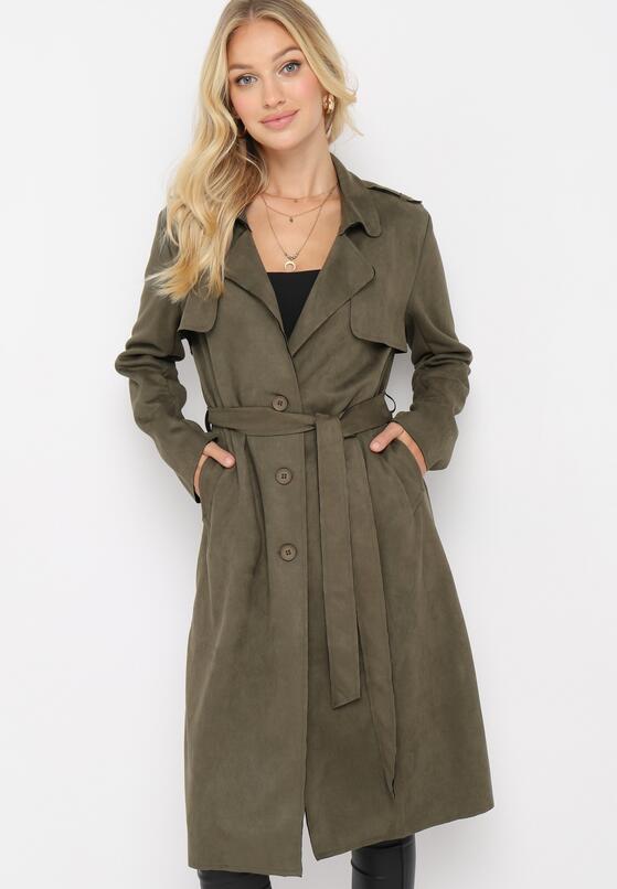 Zielony Płaszcz Zapinany na Guziki z Materiałowym Paskiem i Kieszeniami Karmell 2