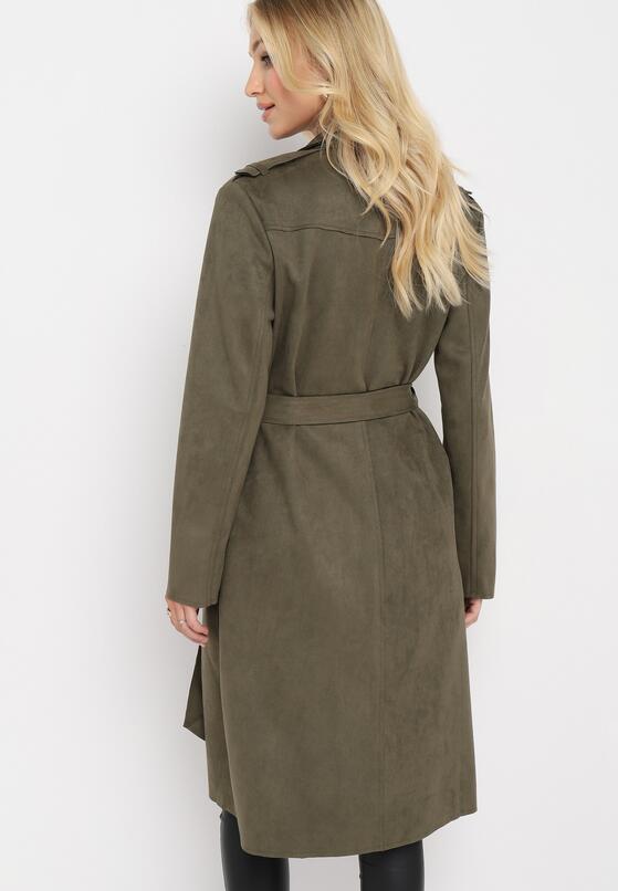 Zielony Płaszcz Zapinany na Guziki z Materiałowym Paskiem i Kieszeniami Karmell 3