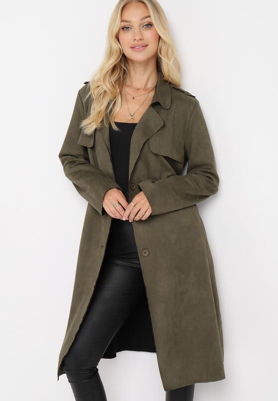 Zielony Płaszcz Zapinany na Guziki z Materiałowym Paskiem i Kieszeniami Karmell 4
