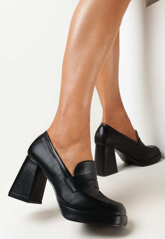 Czarne Półbuty na Słupku i Platformie z Kwadratowym Noskiem Anala 1