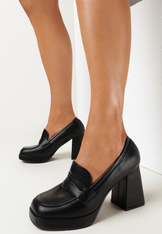 Czarne Półbuty na Słupku i Platformie z Kwadratowym Noskiem Anala 2