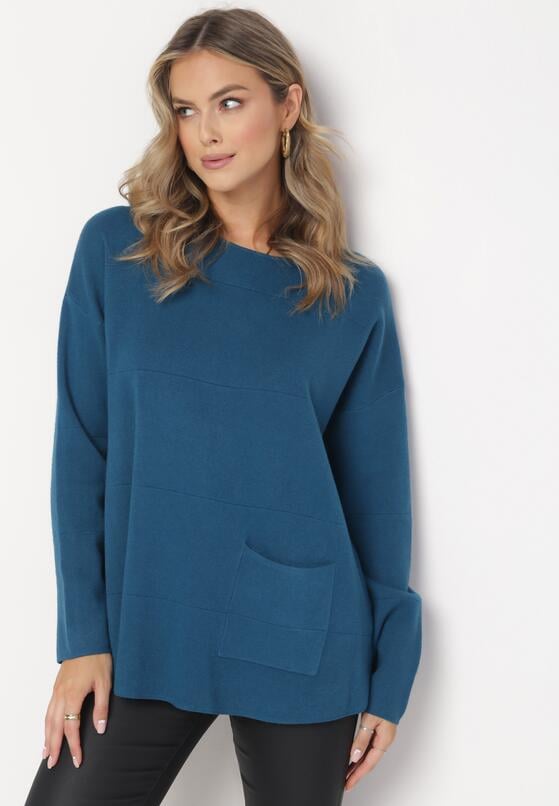 Granatowy Sweter z Długim Rękawem i Kieszonką Laydell 4