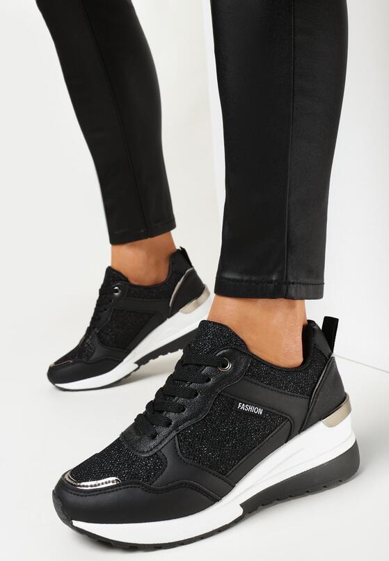 Czarne Sneakersy na Niskim Koturnie z Metalową Wstawką Ozdobione Brokatem Eudaina 1