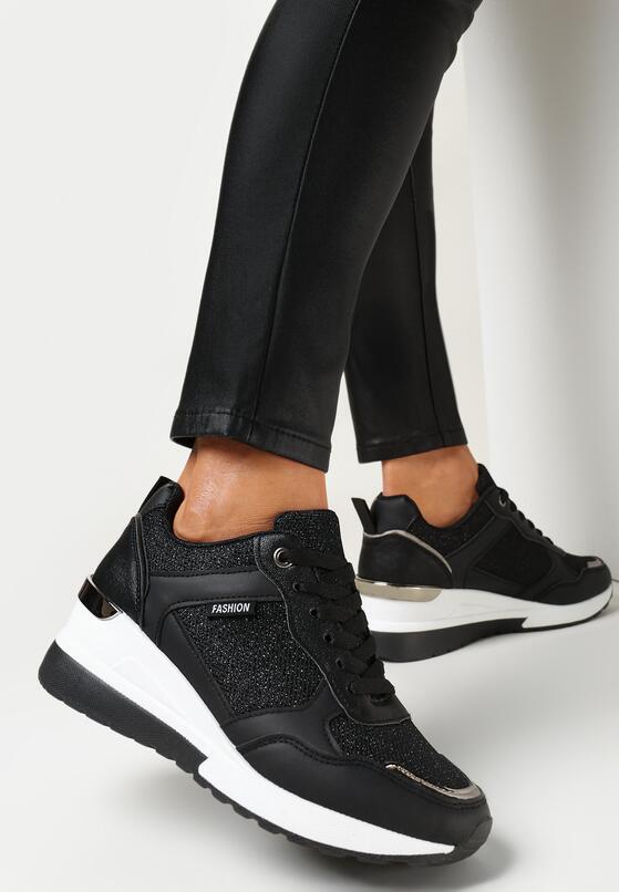 Czarne Sneakersy na Niskim Koturnie z Metalową Wstawką Ozdobione Brokatem Eudaina 2