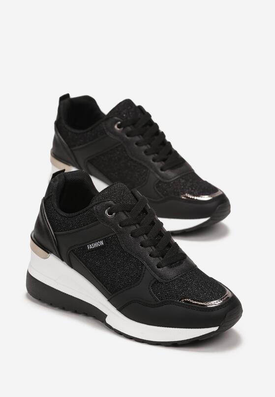 Czarne Sneakersy na Niskim Koturnie z Metalową Wstawką Ozdobione Brokatem Eudaina 4