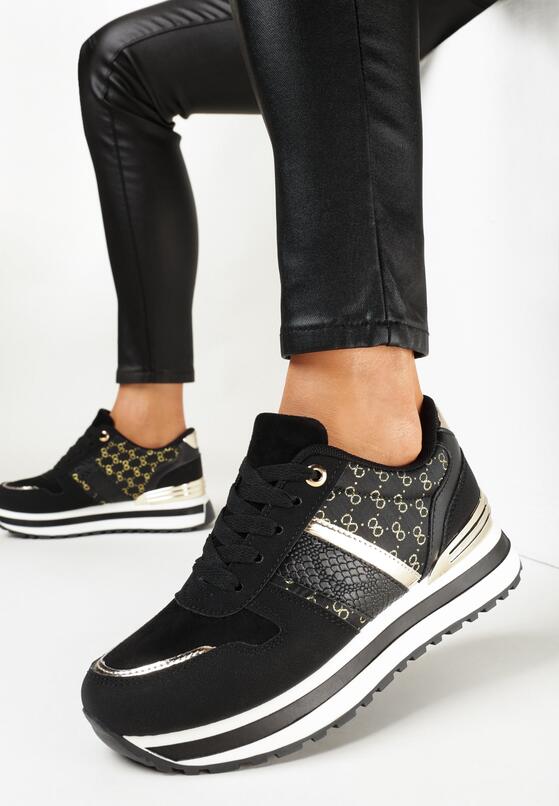 Czarne Wiązane Sneakersy na Płaskiej Grubej Podeszwie z Metaliczną Wstawką Evanosine 1