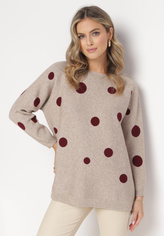 Beżowy Sweter w Kropki z Długim Rękawem i Okrągłym Dekoltem Rhette 2