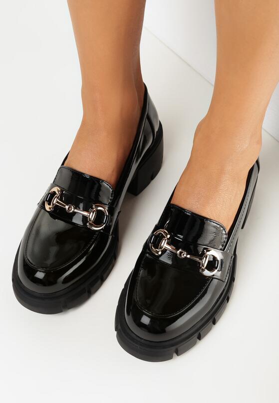Czarne Mokasyny na Niskim Słupku z Klamerką Prospene 2