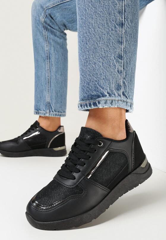 Czarne Sneakersy na Płaskiej Podeszwie Ozdobione Brokatem Mayna 1