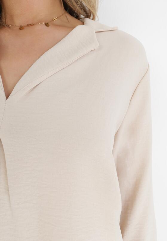 Beżowa Bluzka z Kołnierzykiem i Rękawem 7/8 Maki 5