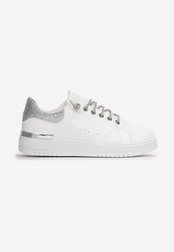 Biało-Srebrne Sznurowane Sneakersy na Płaskiej Podeszwie z Cyrkoniami Myleigh 3