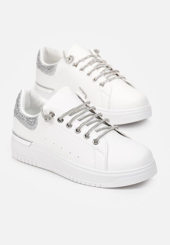 Biało-Srebrne Sznurowane Sneakersy na Płaskiej Podeszwie z Cyrkoniami Myleigh 4
