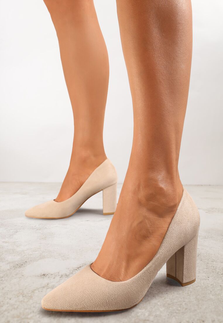 Beżowe Klasyczne Czółenka na Słupku z Imitacji Zamszu Lekina 2
