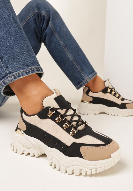 Beżowo-Czarne Sneakersy na Grubej Płaskiej Podeszwie z Cholewką przed Kostkę i Metaliczną Wstawką Umaia 1