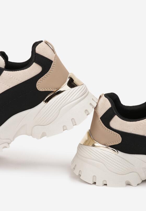 Beżowo-Czarne Sneakersy na Grubej Płaskiej Podeszwie z Cholewką przed Kostkę i Metaliczną Wstawką Umaia 5