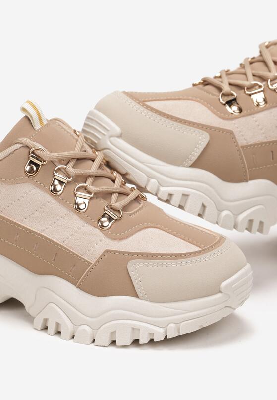 Ciemnobeżowe Sneakersy na Grubej Płaskiej Podeszwie z Cholewką przed Kostkę i Metaliczną Wstawką Umaia 5