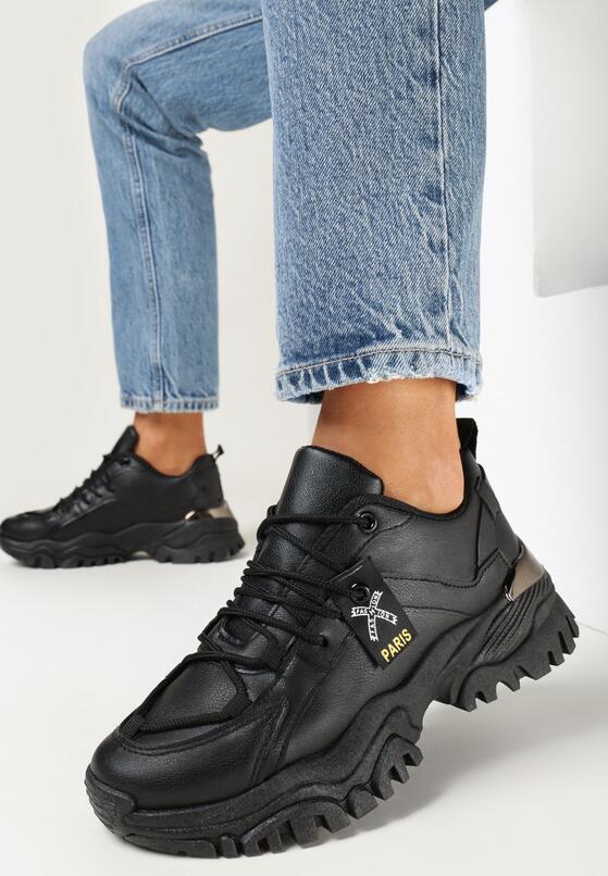 Czarne Sneakersy na Grubej Podeszwie z Metaliczną Wstawką Deminik 1