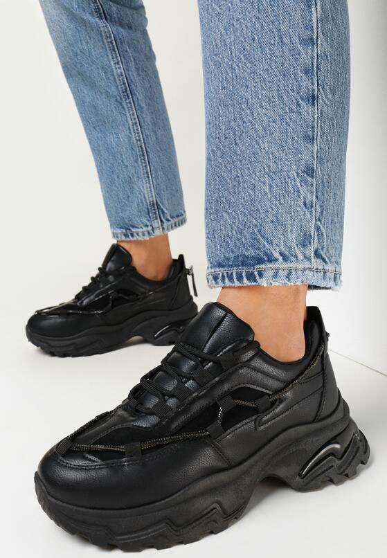 Czarne Sneakersy na Grubej Podeszwie z Sznurkiem w Cyrkonie Bertne 1