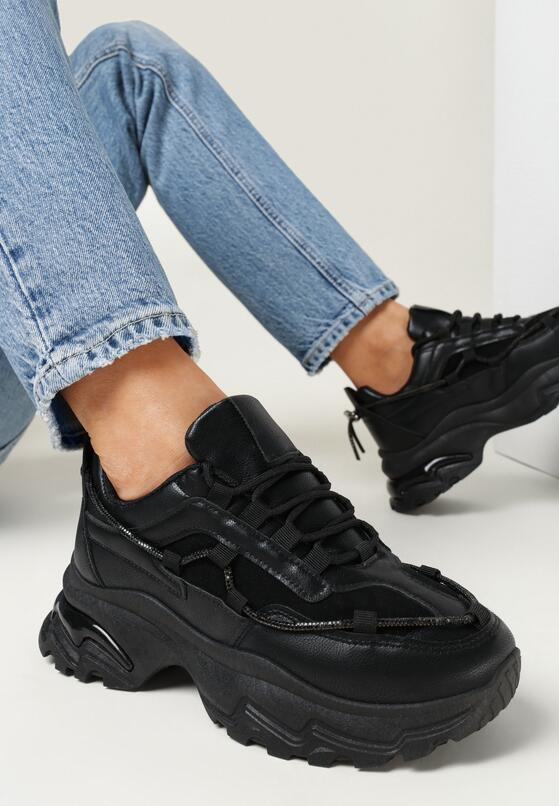 Czarne Sneakersy na Grubej Podeszwie z Sznurkiem w Cyrkonie Bertne 2