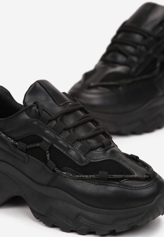 Czarne Sneakersy na Grubej Podeszwie z Sznurkiem w Cyrkonie Bertne 5