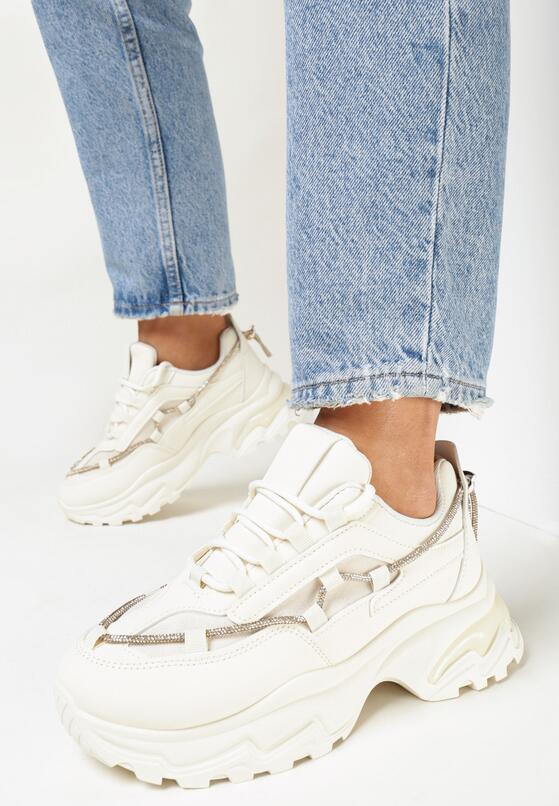 Beżowe Sneakersy na Grubej Podeszwie z Sznurkiem w Cyrkonie Bertne 1