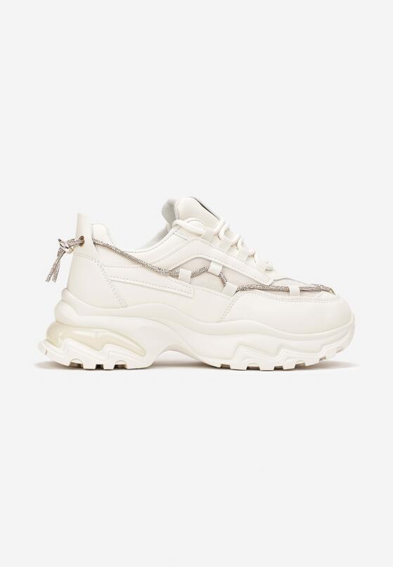 Beżowe Sneakersy na Grubej Podeszwie z Sznurkiem w Cyrkonie Bertne 3