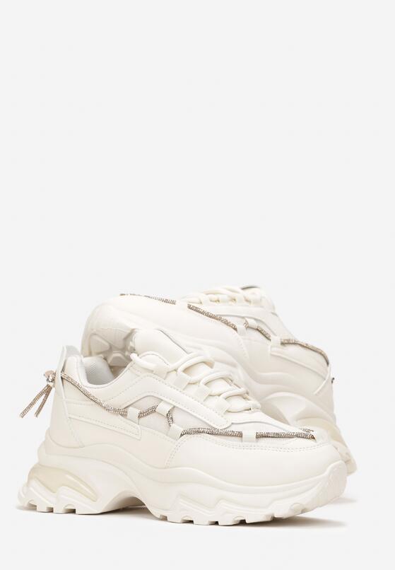 Beżowe Sneakersy na Grubej Podeszwie z Sznurkiem w Cyrkonie Bertne 4