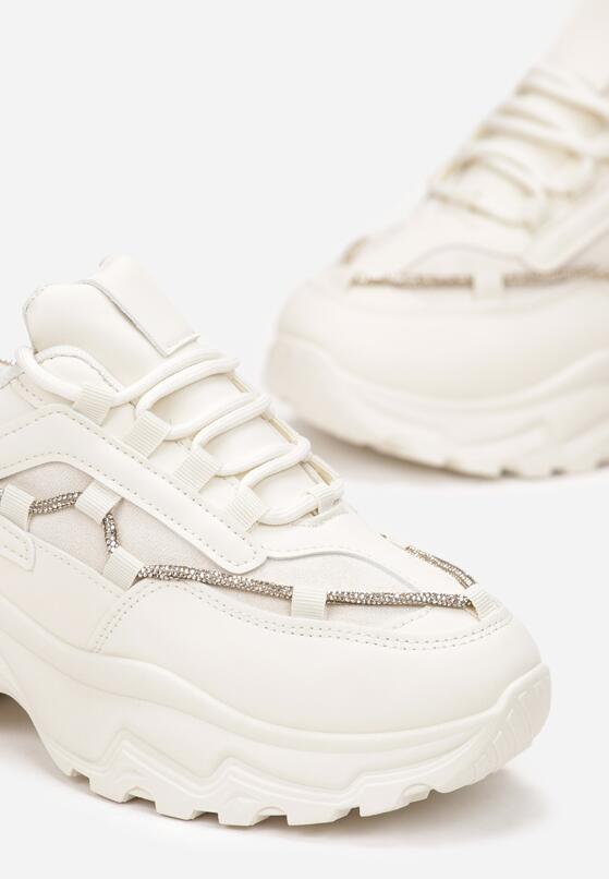 Beżowe Sneakersy na Grubej Podeszwie z Sznurkiem w Cyrkonie Bertne 5