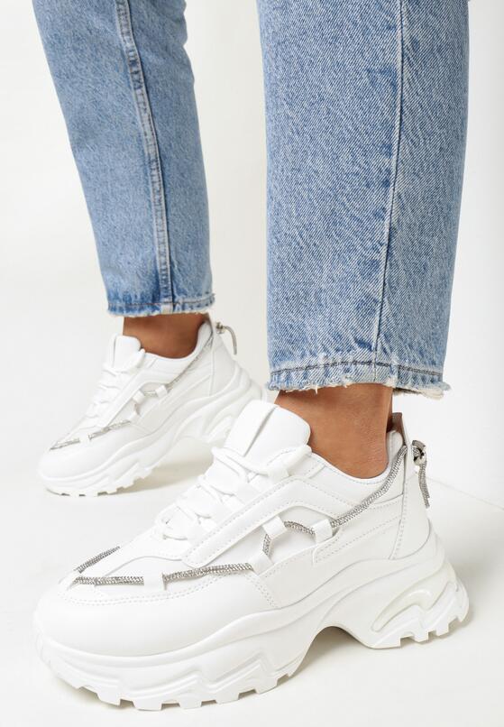 Białe Sneakersy na Grubej Podeszwie z Sznurkiem w Cyrkonie Bertne 1