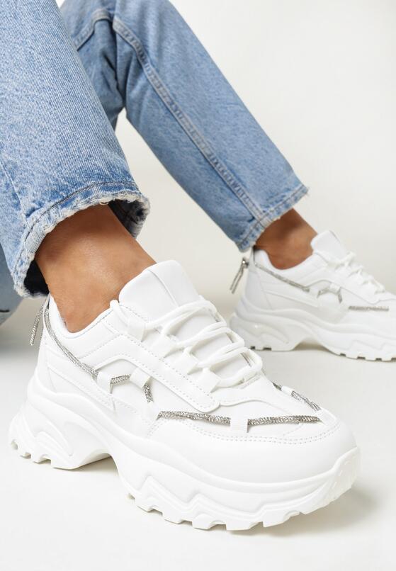 Białe Sneakersy na Grubej Podeszwie z Sznurkiem w Cyrkonie Bertne 2