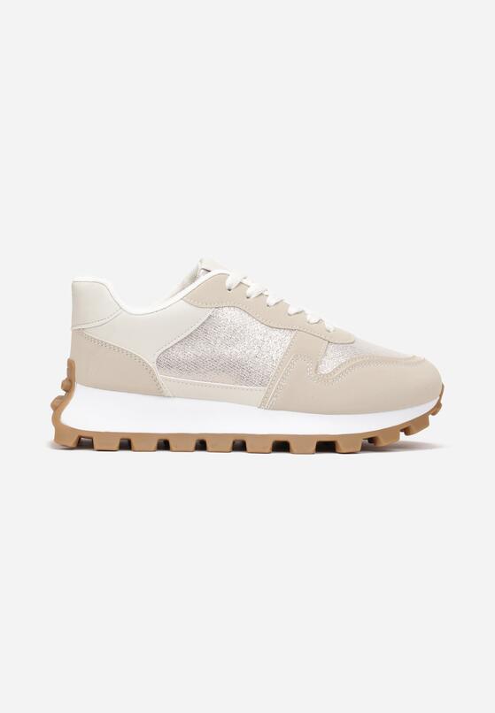Beżowe Sznurowane Sneakersy na Płaskiej Grubej Podeszwie z Metaliczną Nitką Ismaya 3