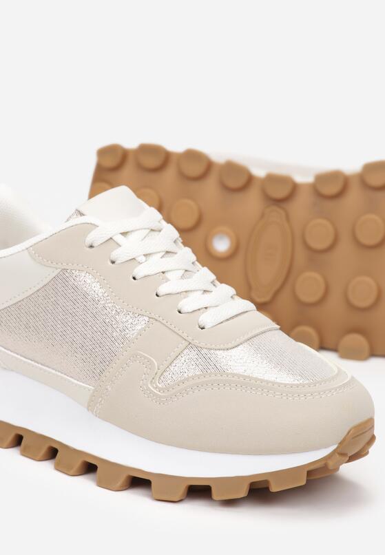 Beżowe Sznurowane Sneakersy na Płaskiej Grubej Podeszwie z Metaliczną Nitką Ismaya 5