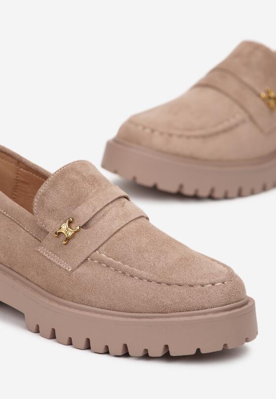 Ciemnobeżowe Mokasyny na Grubej Podeszwie z Metaliczną Ozdobą Keeha 5