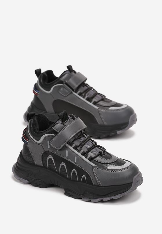 Szare Buty Sportowe na Płaskiej Podeszwie Zapinane na Rzep i ze Sznurowaniem Houta 2