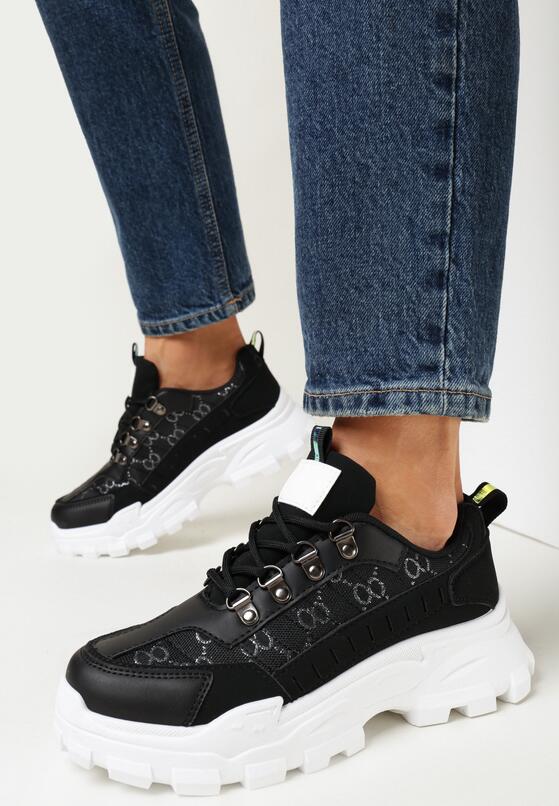 Czarne Sznurowane Sneakersy na Grubej Podeszwie z Ozdobnym Wzorem Tannai 2